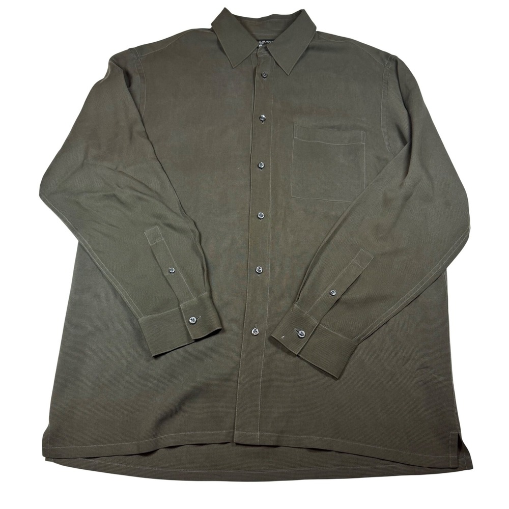 Murano Silk Shirt Men Large Olive Green Textured Basketweave Long Sleeve Flawed⁠